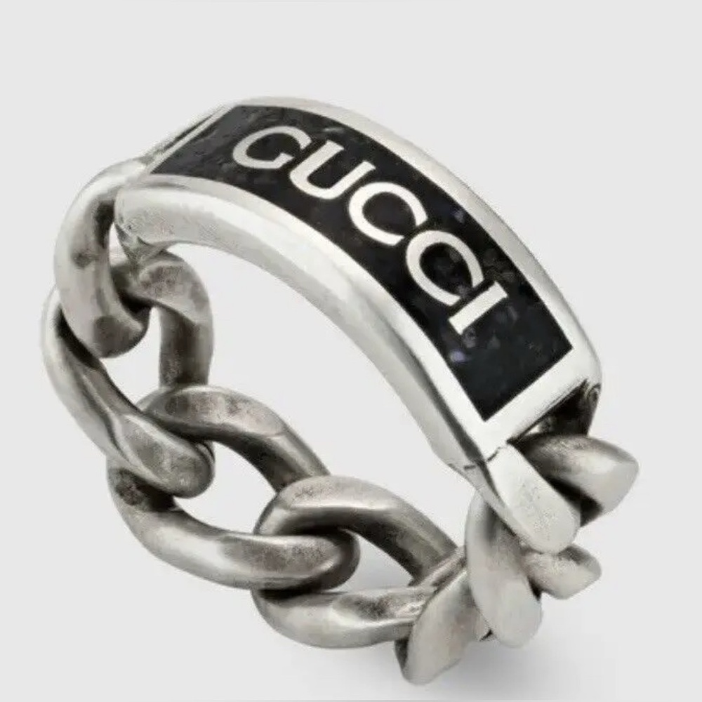 SALE 🔥 GUCCI Sterling Silver Logo Tag Chain Ring with Black Enamel NEW